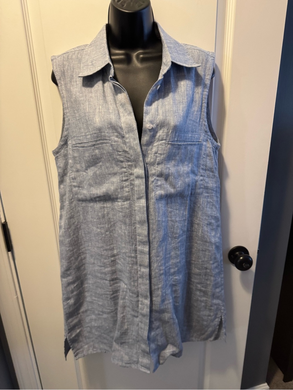Sleeveless Light Blue Linen Shirtdress